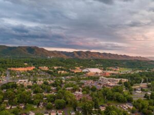 Drone photograph over Johnson City, TN. Image includes the ETSU Campus, downtown and the mountains to the north