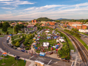 Drone photograph of downtown Johnson City during the annual meet the mountains festival